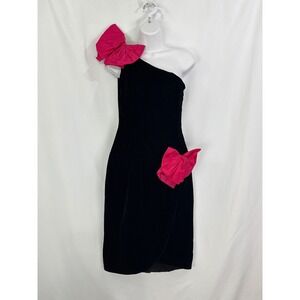 Vintage Miss O Oscar de la Renta Black Velvet One Shoulder Party Dress, XS Prom